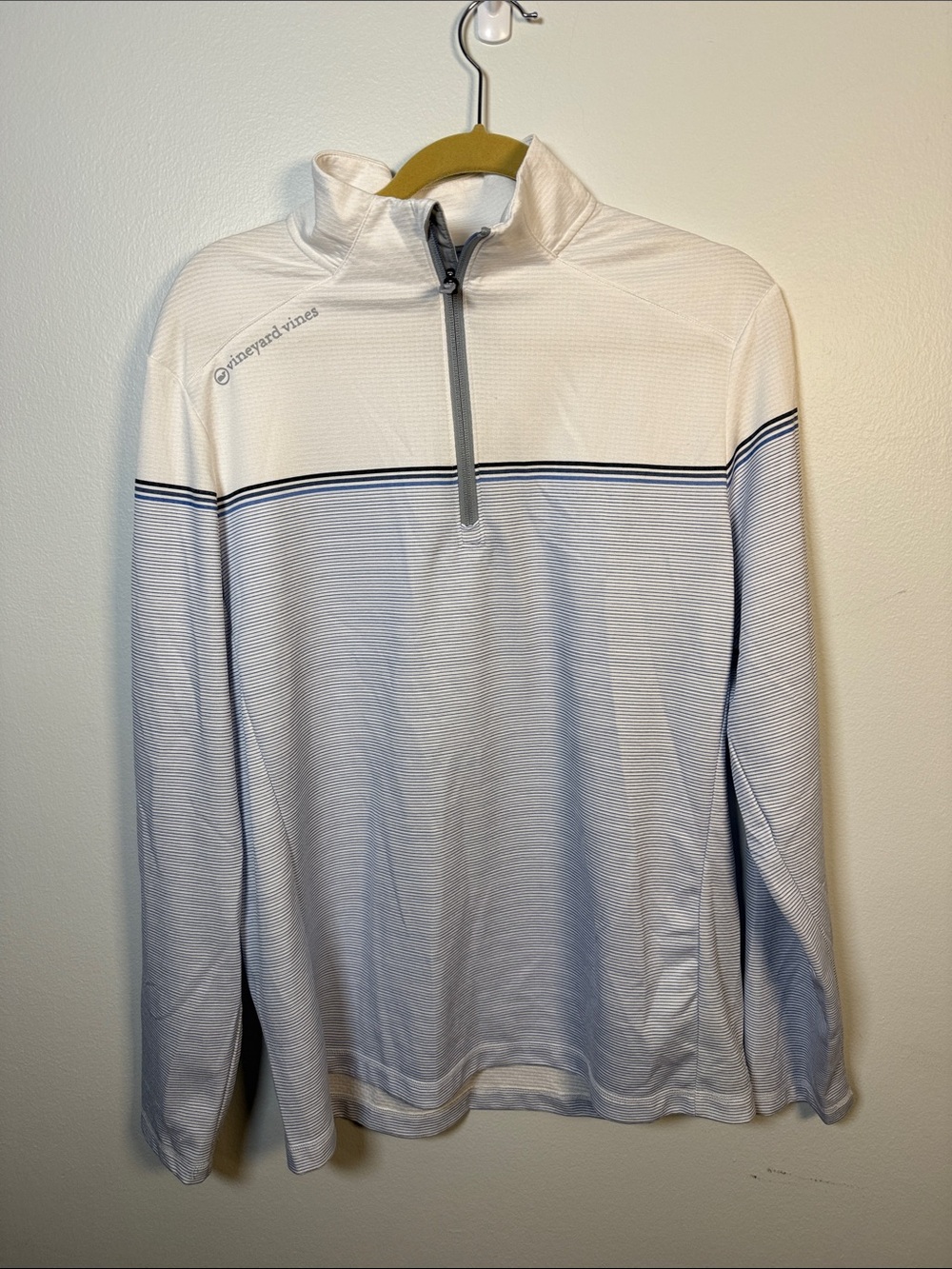 Vineyard Vines White and Navy Striped Quarter-Zip Pullover, Large